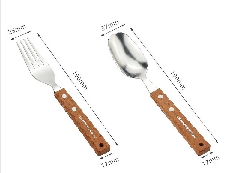 Set thìa dĩa cắm trại Inox 304 cán gỗ nguyên khối Campingmoon CS-23
